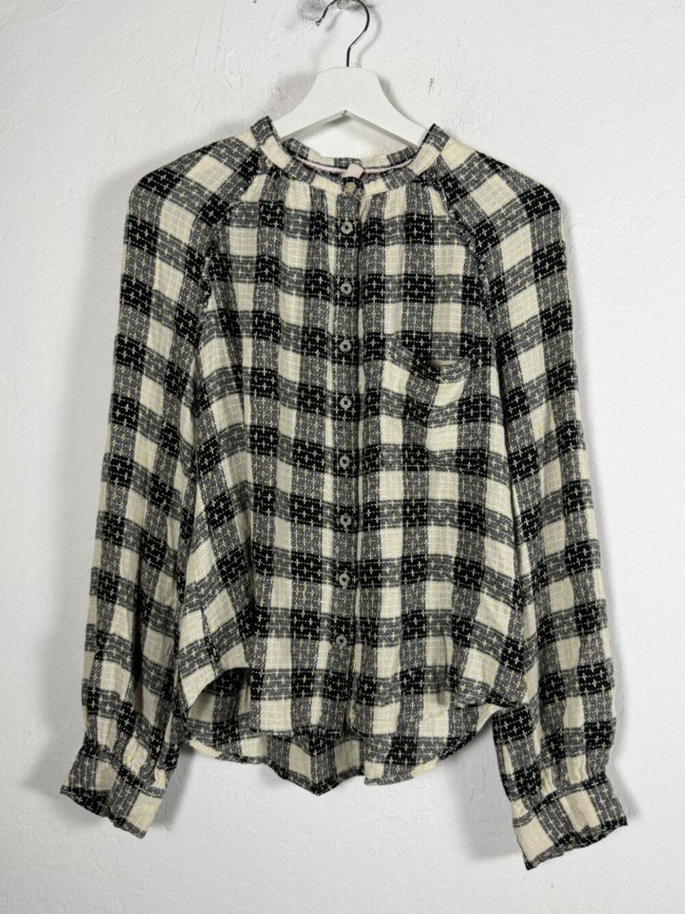 Pilcro Anthropologie Plaid Flannel Button Front Blouse Top XL Black Long Sleeve